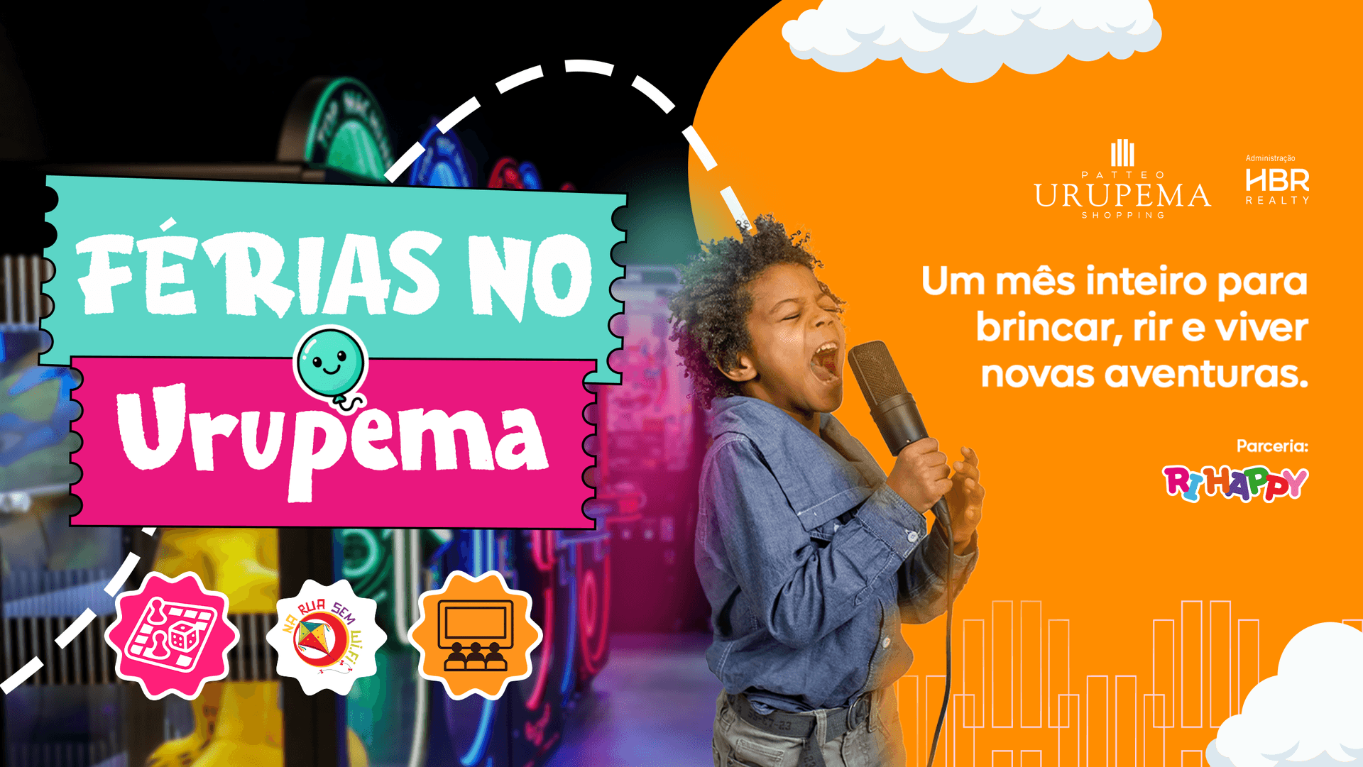 Ilustração do evento: Programação gratuita de férias no Patteo Urupema Shopping tem brincadeiras e karaokê