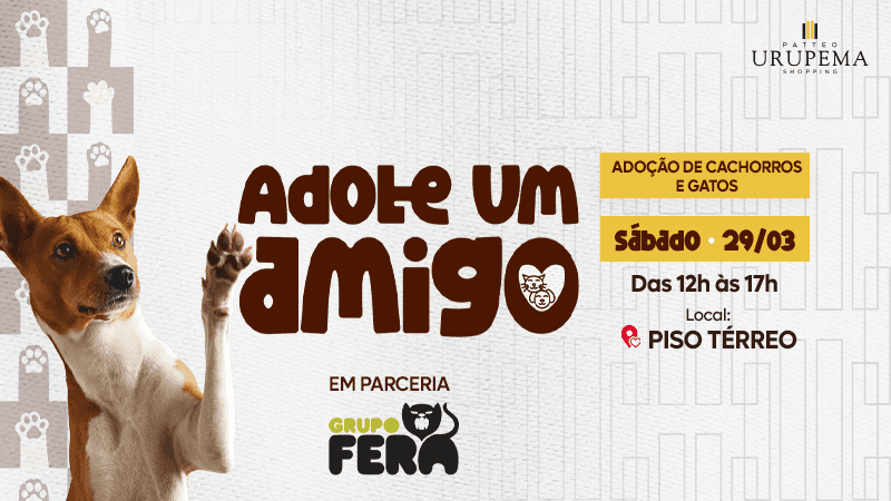 Ilustração do evento: Patteo Urupema Shopping e Grupo Fera promovem evento em busca de um novo lar para cães e gatos